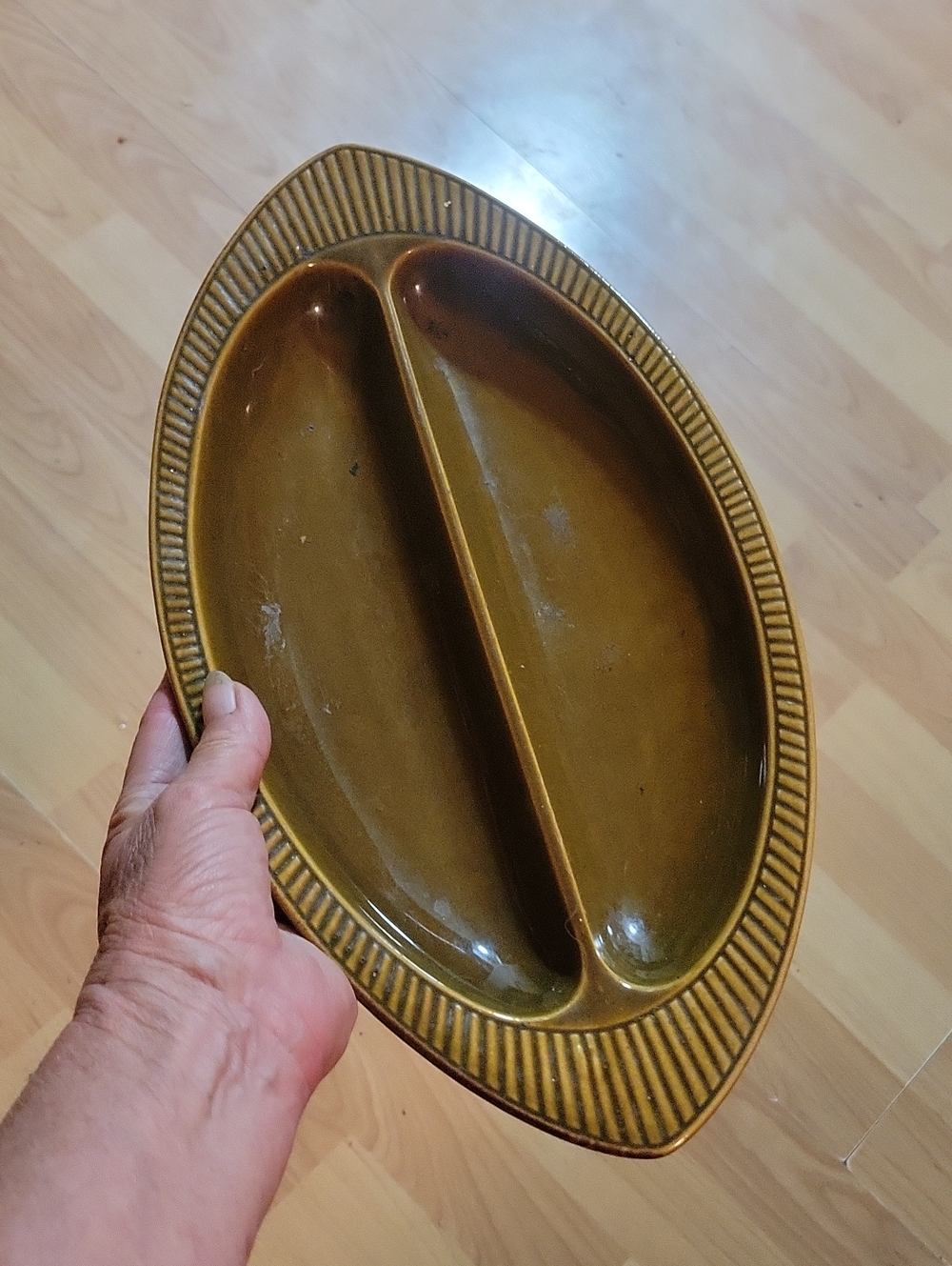 Vintage Oval Divided Serve Dish in Olive Green: Sunburst Ceramics Canada